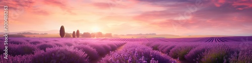 Blooming lavender field during lovely summer sunset, banner concept