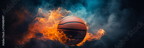 basketball on fire in basketball court stadium with lights in the field shining