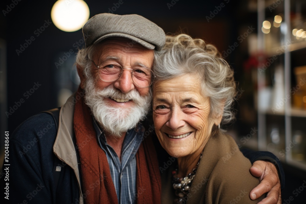 Couple embracing in the comforts of home, happy active seniors images Couple embracing in the comforts of home, happy active seniors images