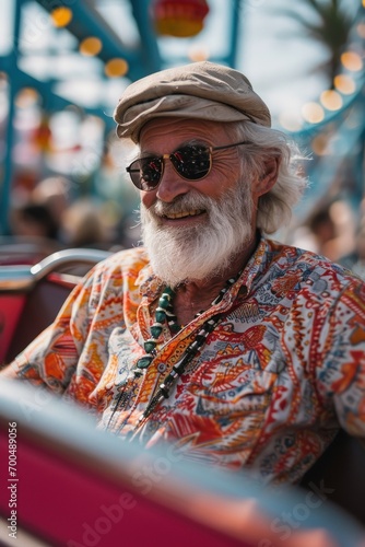 Smiling grandpa riding a rollercoaster at the amusement park, images of senior citizens