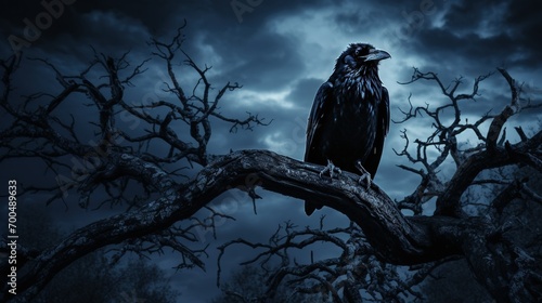 A dramatic representation of a crow perched on a spooky, gnarled tree branch against a backdrop of an eerie moonlit night photo