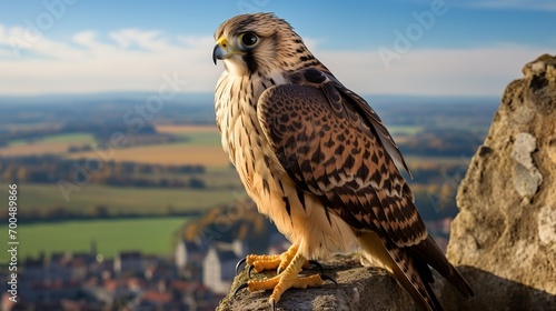A regal falcon perched on a medieval stone ledge, its keen eyes surveying a vast landscape below