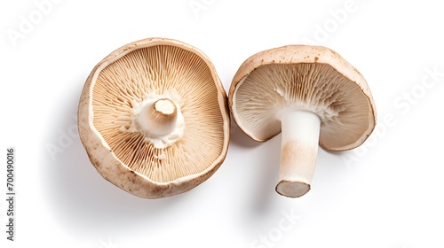 Mushroom Duo Whole And Halved Champignons On White Background. Сoncept Food Photography, Mushroom Varieties, Culinary Delights, "Funghi" Fun, Organic Ingredients