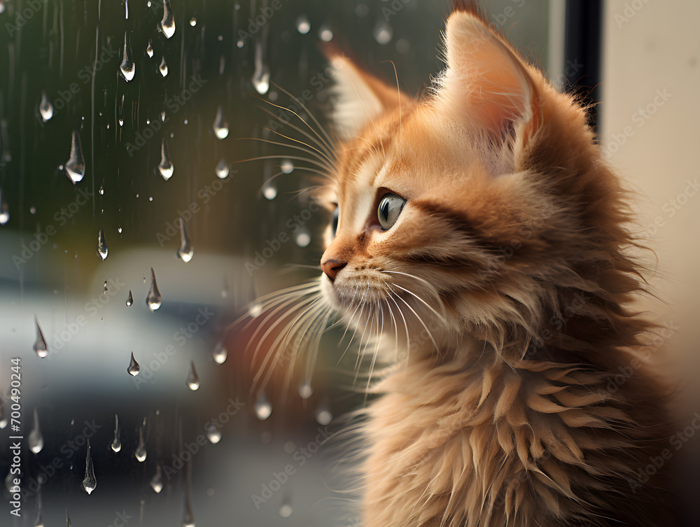 Cute ginger kitten sitting on the window and looking at the rain Cute ginger kitten sitting on the window and looking at the rain