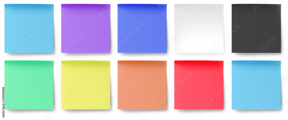 Collection of different colored sheets of note papers with curled corner, ready for your message. Realistic vector illustration. Isolated on white background. Front view. Close up. Set

