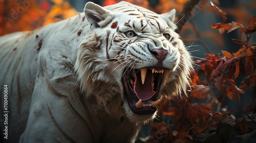 Mythical white tiger with open mouth, walking down the rocks in the forest photo