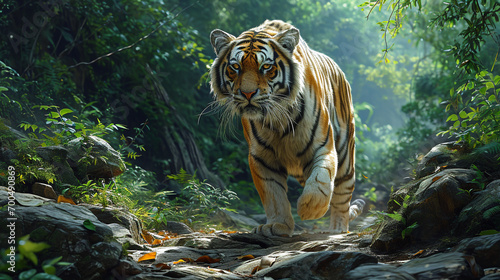 Mythical tiger with open mouth, walking down the rocks in the forest