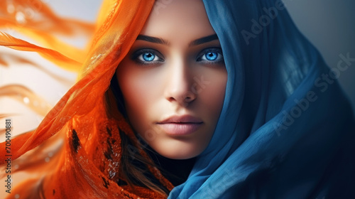Double exposure of fashion Arabian woman in traditional orange Muslim clothing with blue eyes. Beautiful female portrait