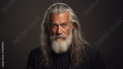 Elegant smiling elderly man with gray and long hair with perfect skin, on a gray background, banner. © ALA