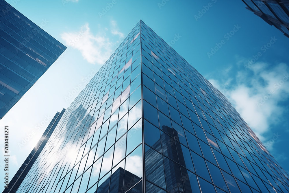 blue glass window office building from an upward angle, with blue sky and white clouds