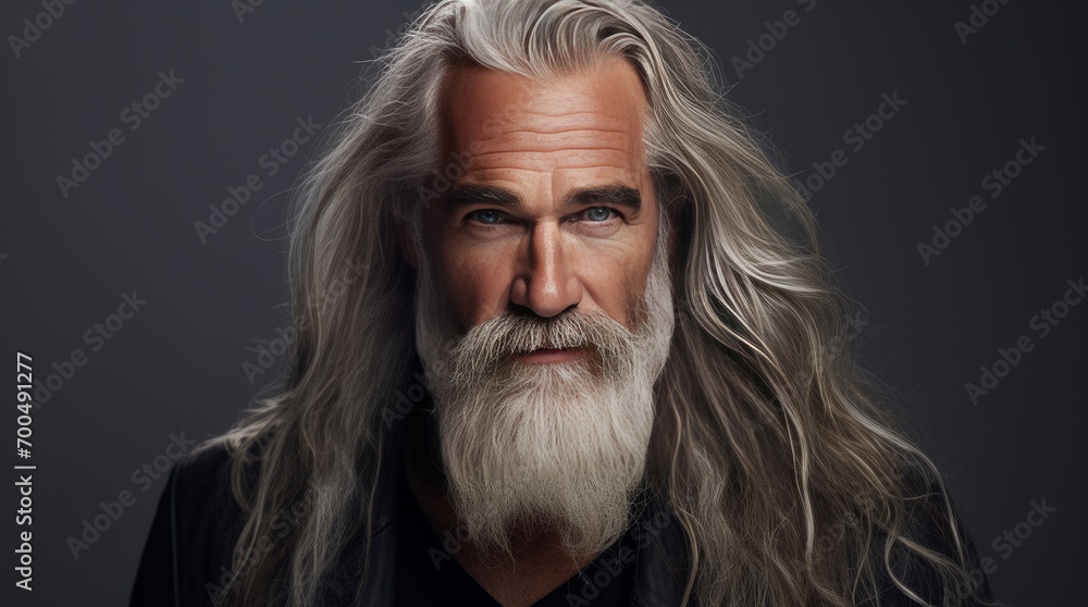 Elegant smiling elderly man with gray and long hair with perfect skin, on a gray background, banner. Elegant smiling elderly man with gray and long hair with perfect skin, on a gray background, banner.