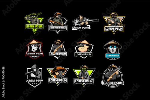 Set of soldier wear rice hat with night vision goggles cartoon character military logo vector template