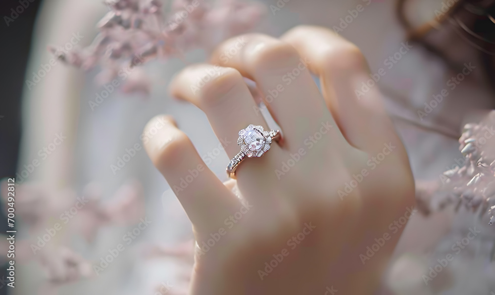 wedding diamond ring on woman finger - obrazy, fototapety, plakaty 