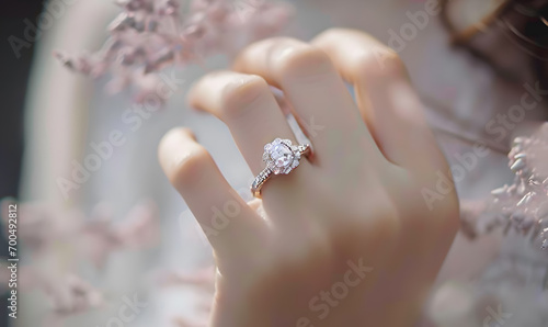 wedding diamond ring on woman finger photo