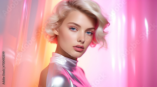 Elegant blonde woman  with glamorous make-up against pink backdrop.