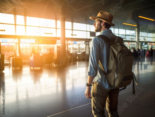 travel at the airport with backpack walking at the gate airport and excited man with passport journey and flight schedule search for traveler enjoy trip and holiday