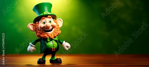 St. Patricks day 3D leprachaun character on green background. horizontal banner card or wallpaper, copy space for text photo