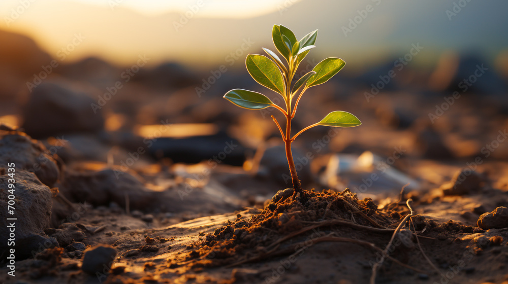 Young plants emerge from the sand, vast desert Young plants emerge from the sand, vast desert