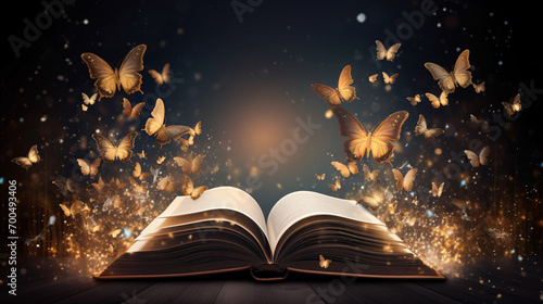 Fairytale mystical open book with butterflies photo