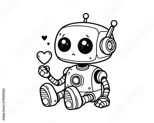 Cute Cartoon Character of robot for coloring book without color, outline line art.  Printable Design. isolated white background