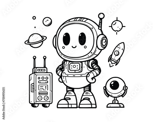 Cute Cartoon Character of robot for coloring book without color, outline line art.  Printable Design. isolated white background