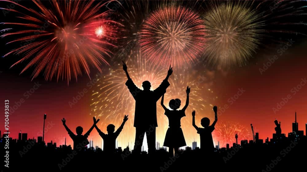 a family silhouette joyfully watching spectacular fireworks illuminating the night sky. a family silhouette joyfully watching spectacular fireworks illuminating the night sky.