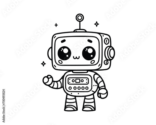 Cute Cartoon Character of robot for coloring book without color, outline line art.  Printable Design. isolated white background