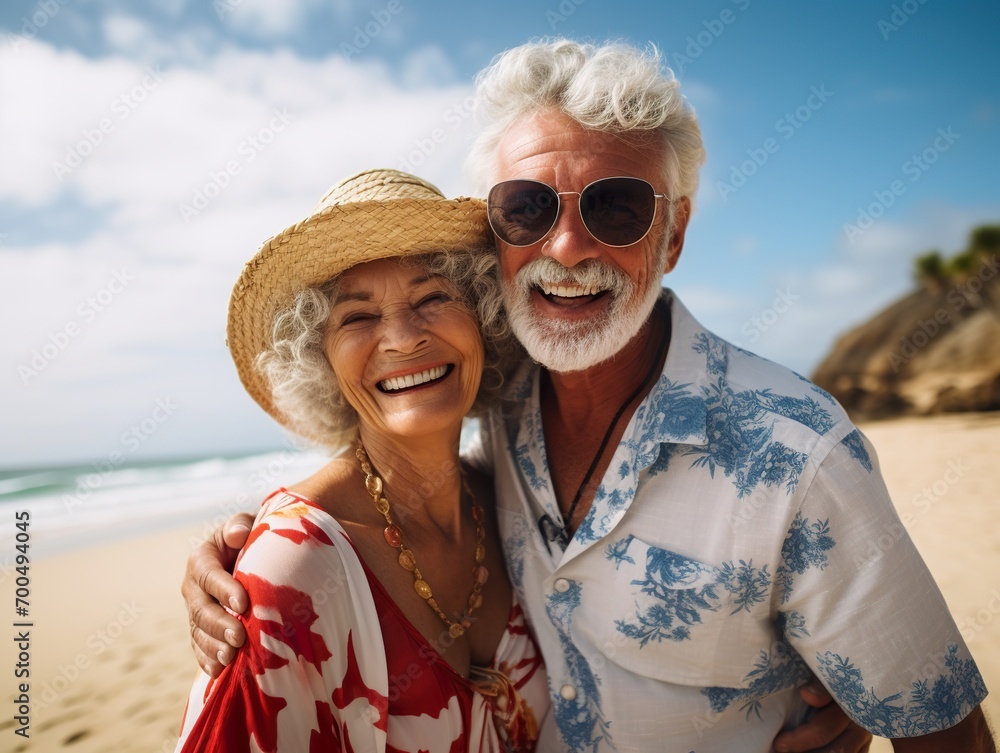 happy seniors couple in beach senior man and woman old retired couple relaxing by the sea on sunny day.