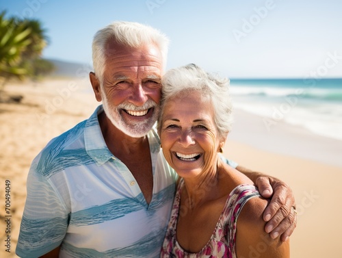 happy seniors couple in beach senior man and woman old retired couple relaxing by the sea on sunny day.