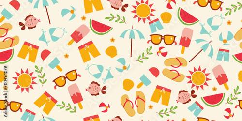 Attributes of summer and beach holiday. Vector pattern of beach accessories. Seamless stylish pattern on a summer theme. White background. © Crashik