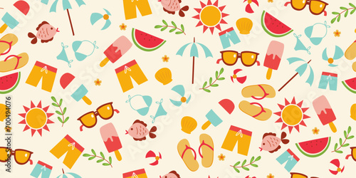 Attributes of summer and beach holiday. Vector pattern of beach accessories. Seamless stylish pattern on a summer theme. White background.
