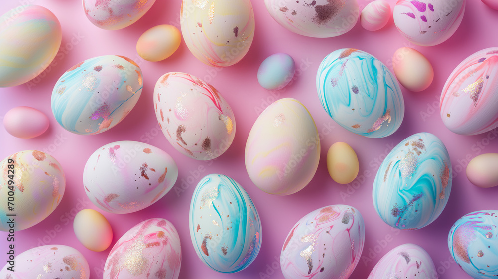 Minimal surrealism top view pattern with easter eggs in pastel holographic colors with gradient - obrazy, fototapety, plakaty 