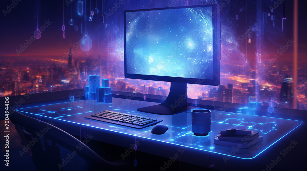 Futuristic workspace with sparkling particles