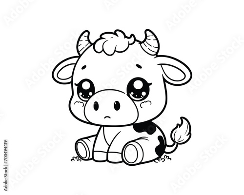 Cute Cartoon Character of cow for coloring book without color, outline line art.  Printable Design. isolated white background