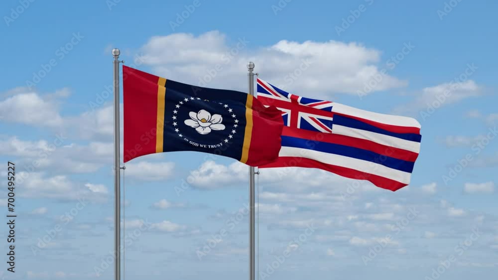 Hawaii and Mississippi US state flags waving together on cloudy sky, endless seamless loop Hawaii and Mississippi US state flags waving together on cloudy sky, endless seamless loop