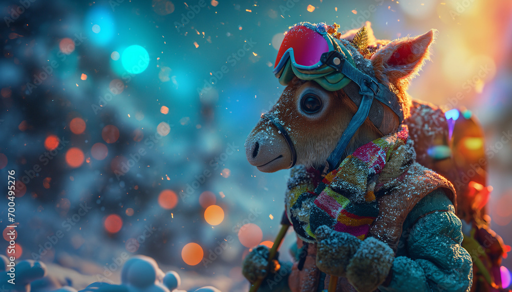 Whimsical Skiing Horse with Festive Holiday Lights