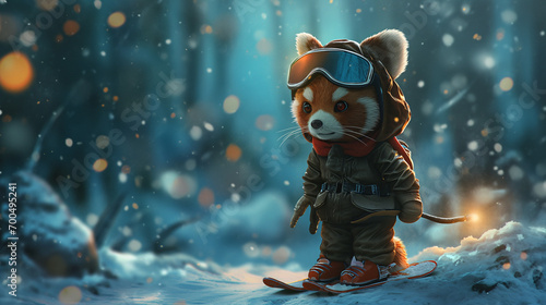 Whimsical Red Panda Adventurer in Snowy Winter Wonderland © Mathieu