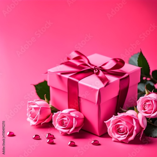 Pink gift box with pink roses and ribbon on pink background. Valentine s day concept.