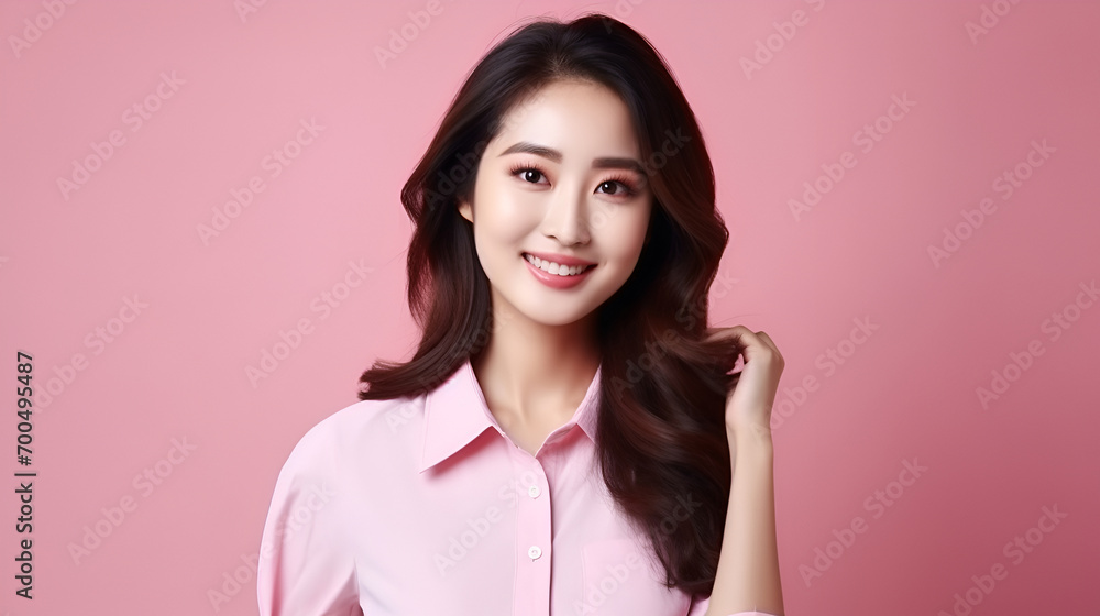 Young Asian beautiful woman with Korean makeup on her face and perfect skin on isolated pink background. Facial care, Cosmetology, plastic surgery. Young Asian beautiful woman with Korean makeup on her face and perfect skin on isolated pink background. Facial care, Cosmetology, plastic surgery.