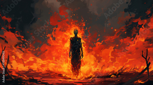 Ghost standing in the field of flames