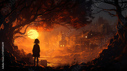 Girl looking at the glowing tree