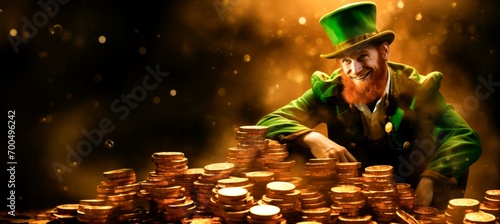 St. Patricks day leprachaun character with gold coins . . horizontal banner card or wallpaper, copy space for text