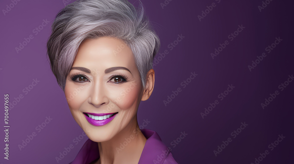 Elegant, smiling, elderly, chic Asian woman with gray hair and perfect skin on a purple background banner. Elegant, smiling, elderly, chic Asian woman with gray hair and perfect skin on a purple background banner.