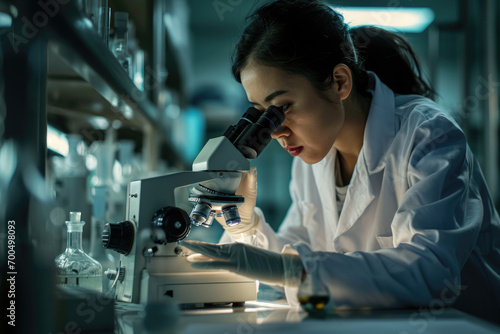 Medical Science Laboratory, Portrait of Beautiful asian Scientist Looking Under Microscope Does Analysis of Test Sample.