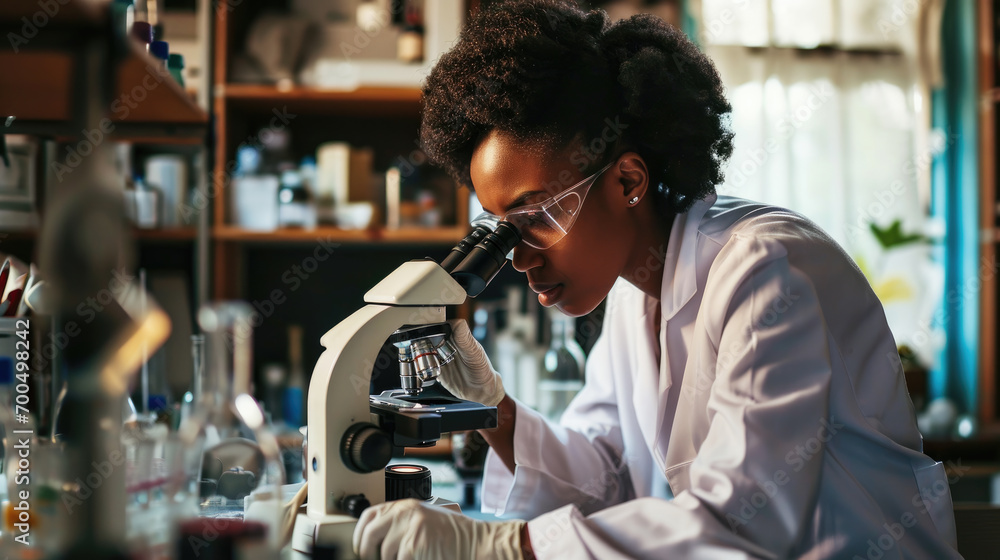 African American young scientists conducting research investigations in a medical laboratory, a researcher in the foreground is using a microscope - obrazy, fototapety, plakaty 