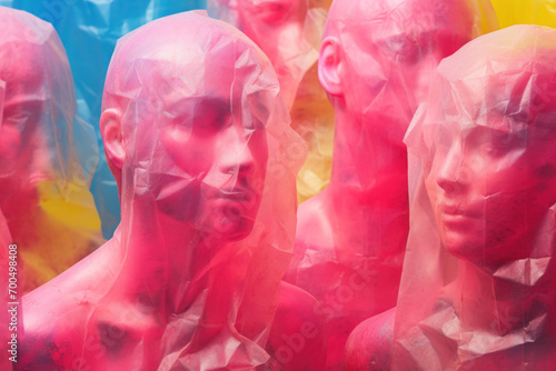 Surreal scene of abstract pink mannequin heads emerging from a misty haze, creating a dreamlike atmosphere.
