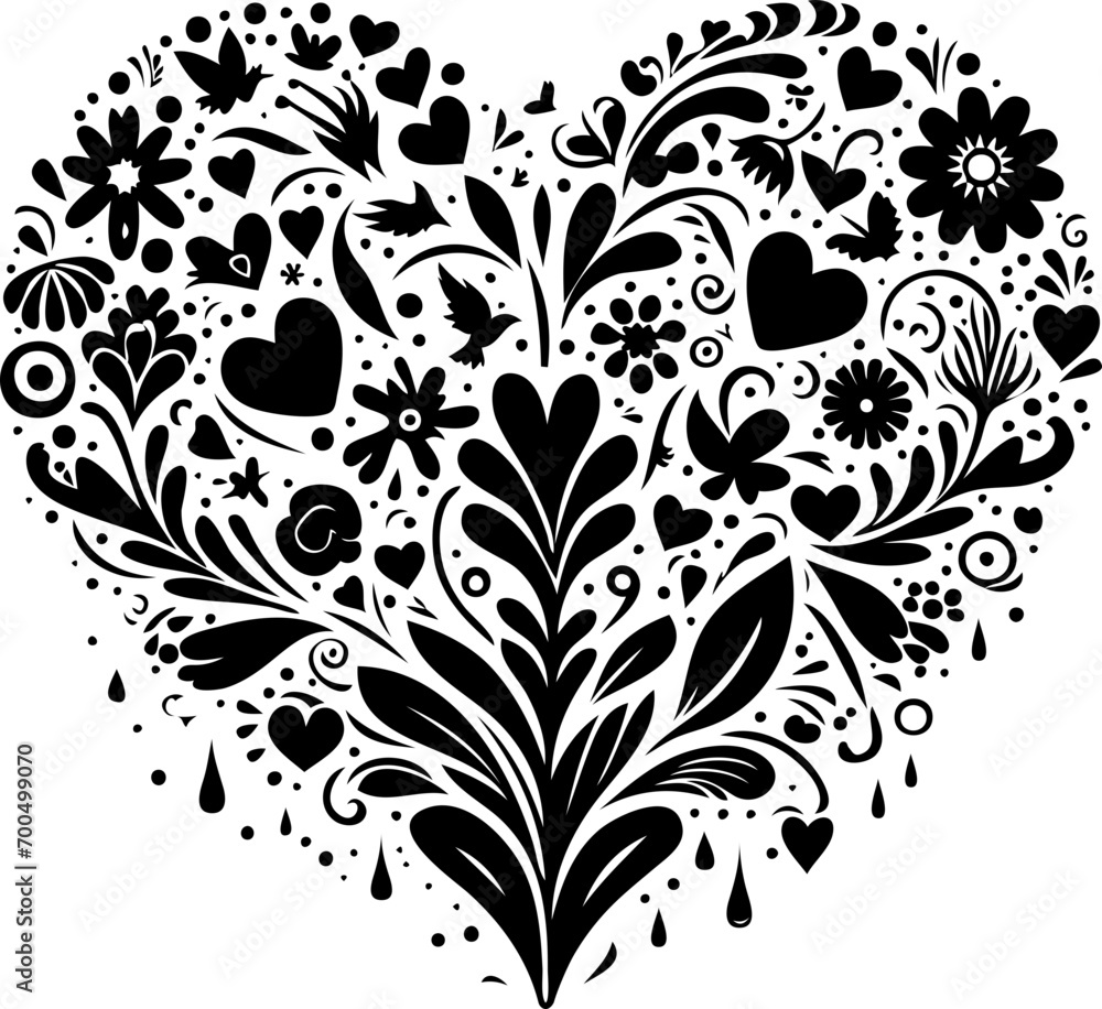 Creative Shape of Heart in Black Silhouette with abstract and floral pattern. Creative Shape of Heart in Black Silhouette with abstract and floral pattern.