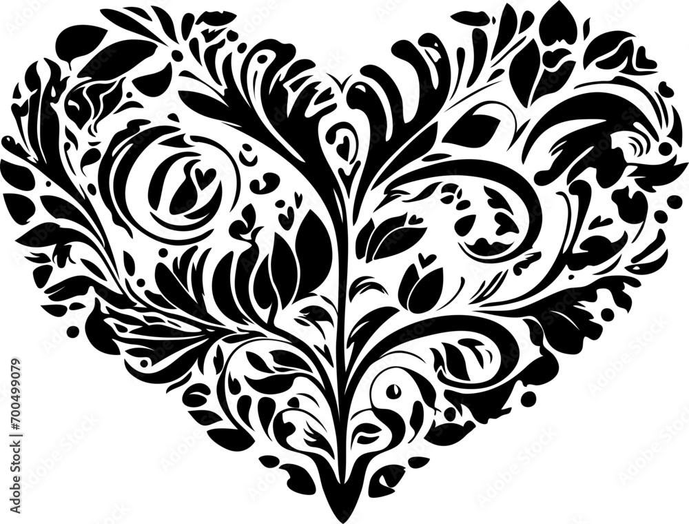 Creative Shape of Heart in Black Silhouette with abstract and floral pattern.