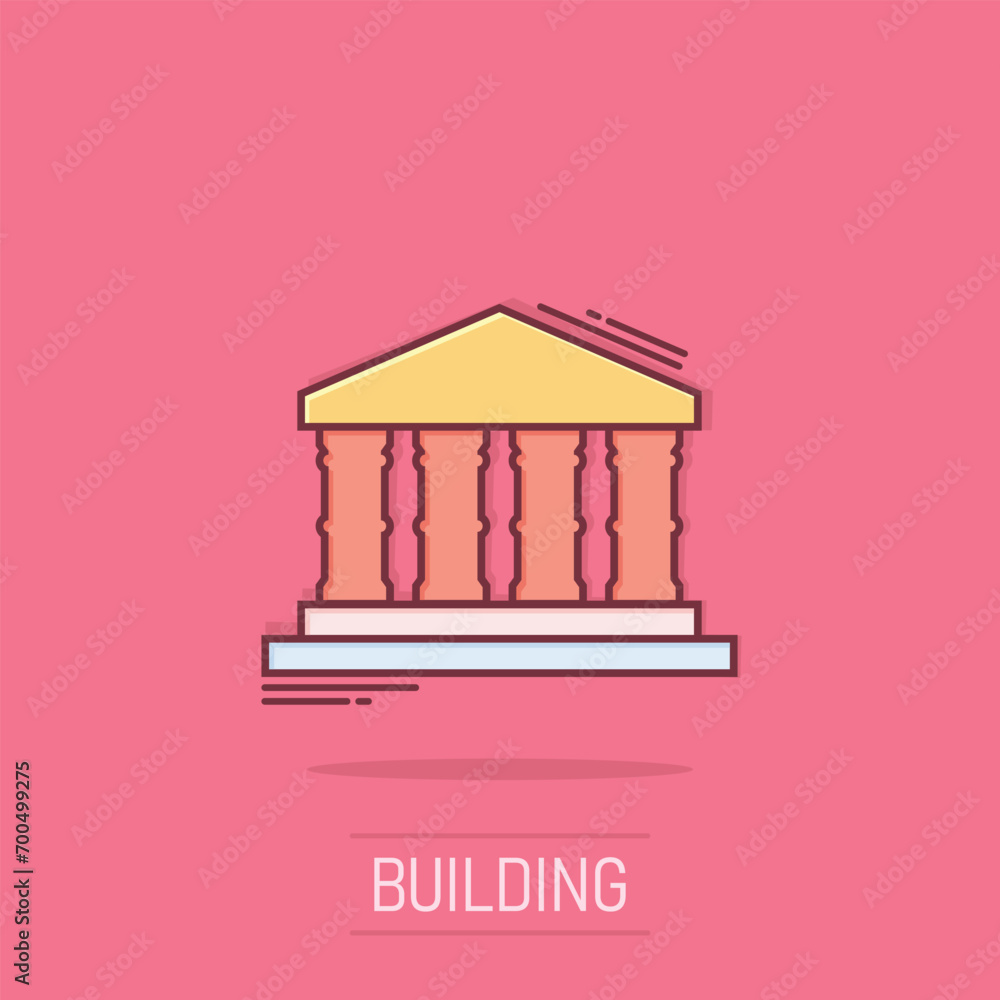 Bank building icon in comic style. Government architecture vector cartoon illustration pictogram. Museum exterior business concept splash effect. Bank building icon in comic style. Government architecture vector cartoon illustration pictogram. Museum exterior business concept splash effect.