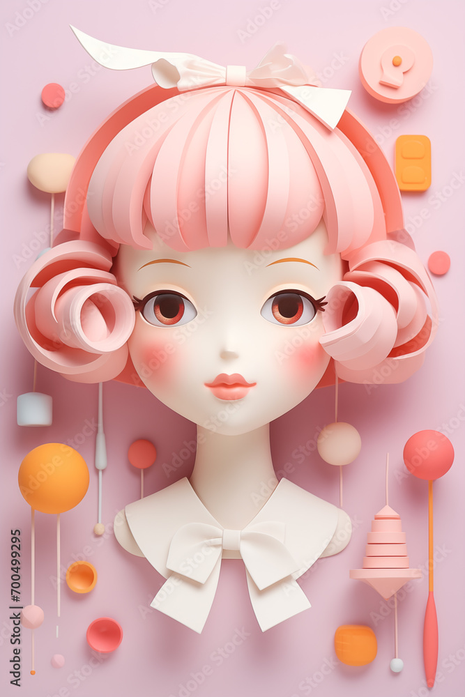 cute and colorful fantasy illustration of a girl with pink hair and big eyes, dress like toy doll. Cartoon style face with makeup; pretty hairstyle. Art of 3d digital sculpture, beauty, and fashion cute and colorful fantasy illustration of a girl with pink hair and big eyes, dress like toy doll. Cartoon style face with makeup; pretty hairstyle. Art of 3d digital sculpture, beauty, and fashion